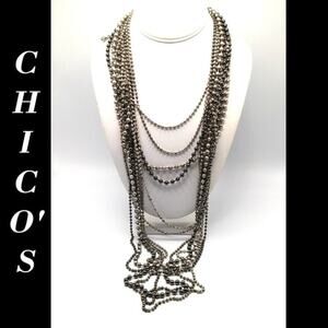 Chico's Silver Tone Metal Beaded Necklace, 12 Layered Strands, 23 Inches